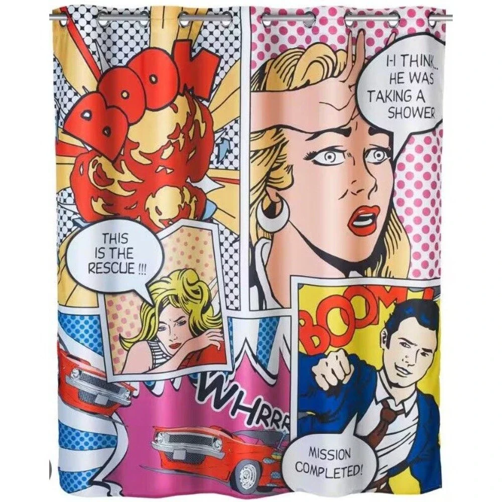 Wenko Pop Art Shower Curtain 78” Cartoon Comic Book Themed Colorful Abstract Art